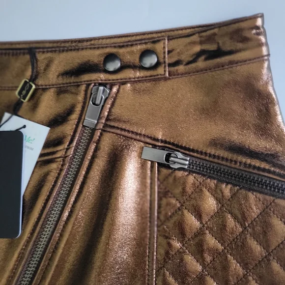 AS by DF NWT Leather  Bronze Mini Skirt 15" Zip Closure W/2 Snaps Size Small - Picture 5 of 10